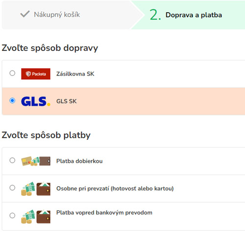 zvoľ spôsob dopravy a platby